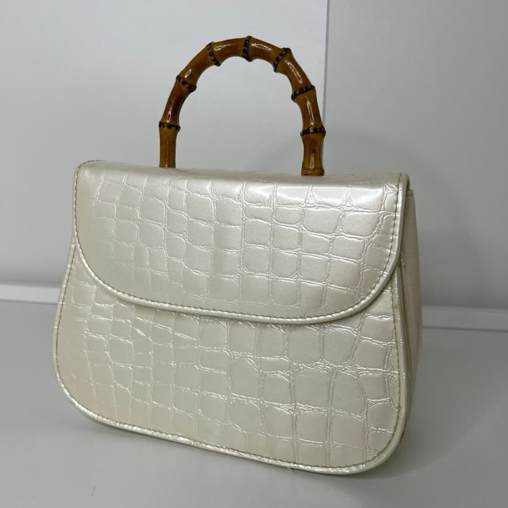 Vintage Croc Embossed Patent Leather Shoulder Bag with Bamboo Handle in White